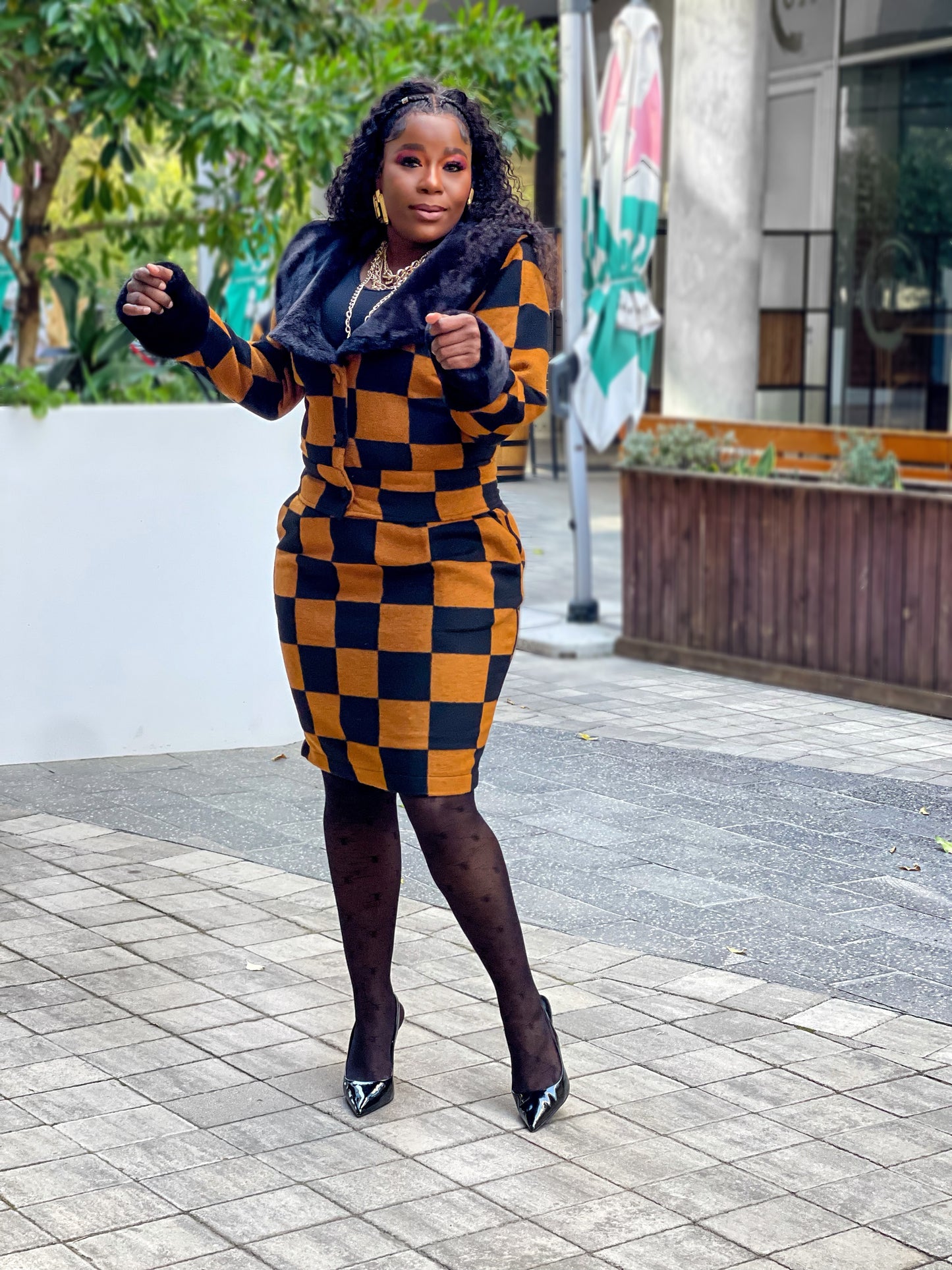Black Fur Camel Skirt Set