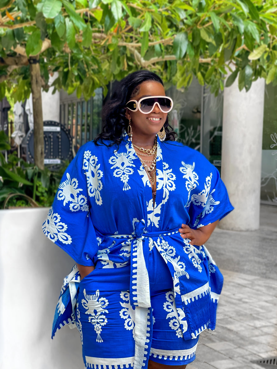 Rich CHIC Vibes- 2pc Blue/Purple Multi KIMONO TOP/SHORTS SET (NEW)