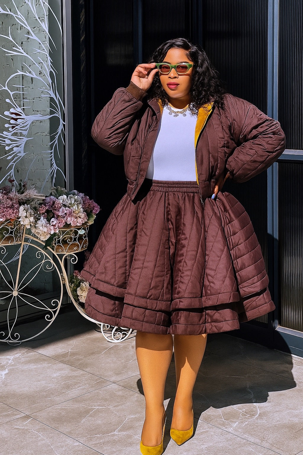 Chocolate Brown Bomber Skirt Set
