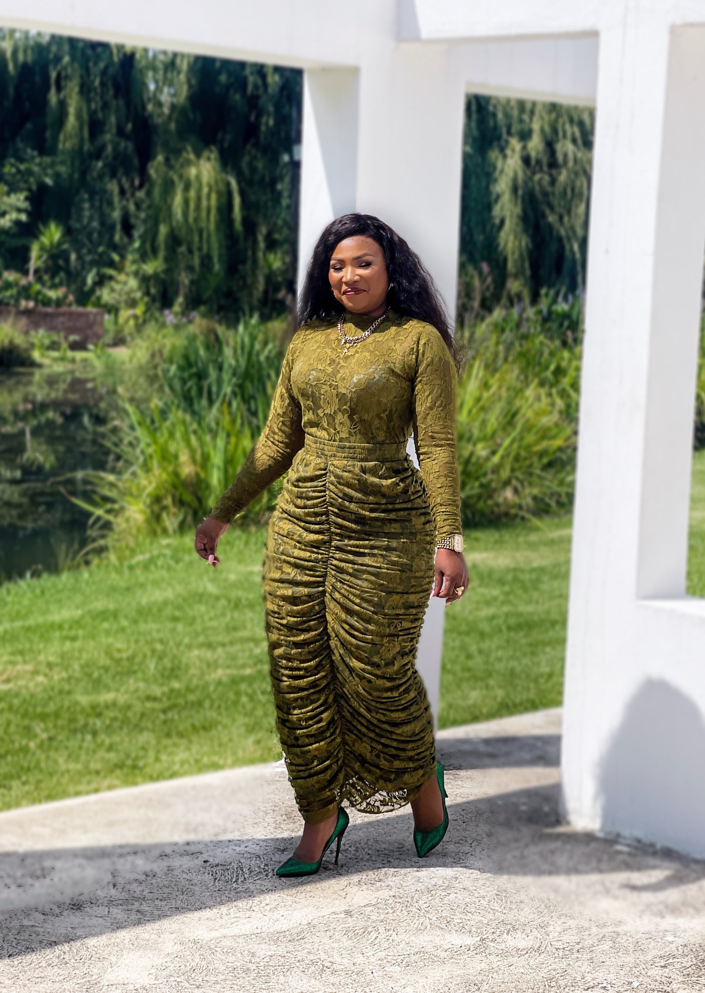 The Emerald Empress Ruched Lace Skirt Set