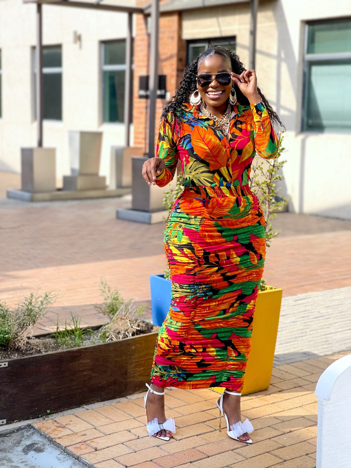 Orange Tropical Tight & Skirt Set