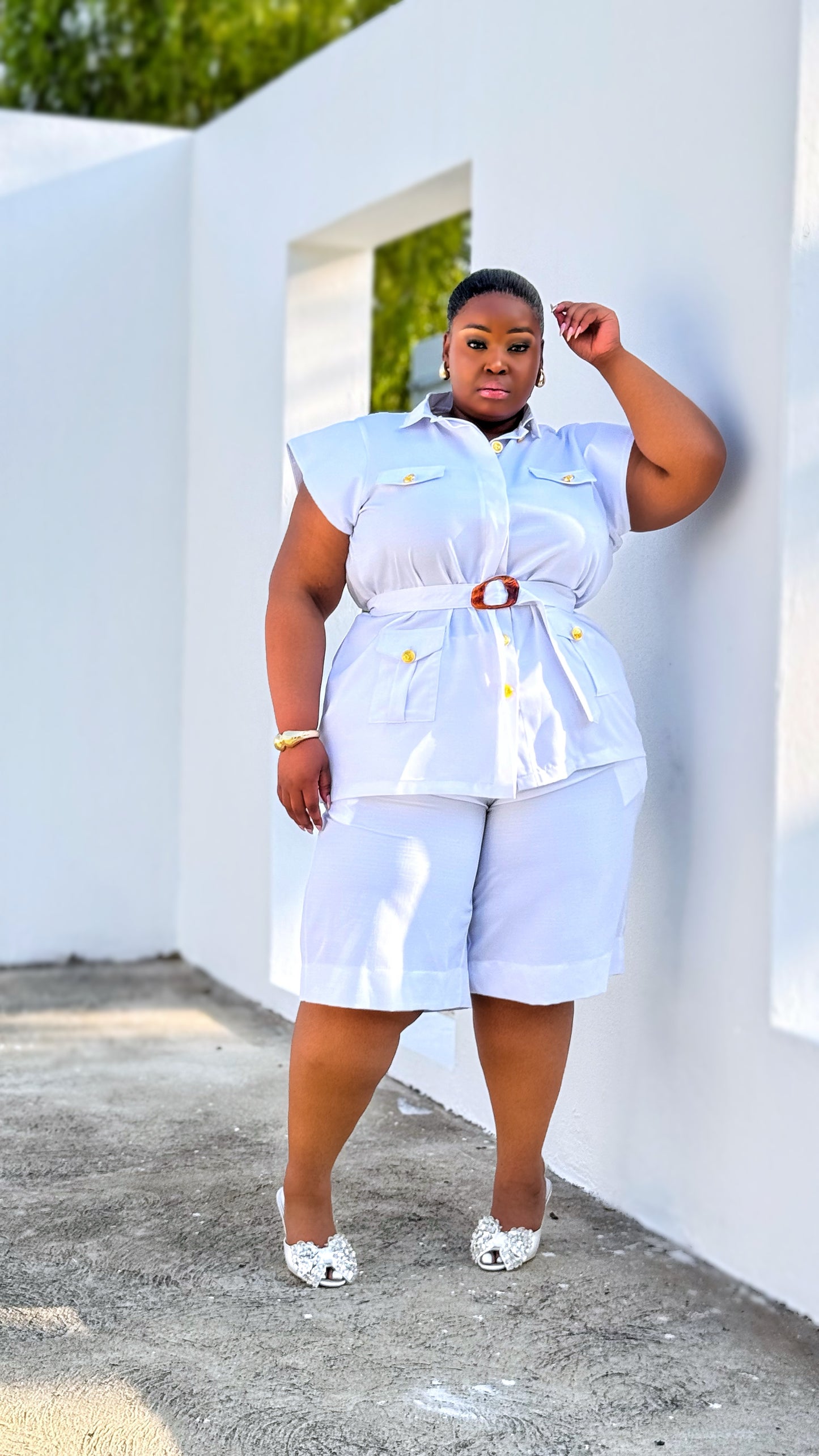 White Knee Length Linen Set