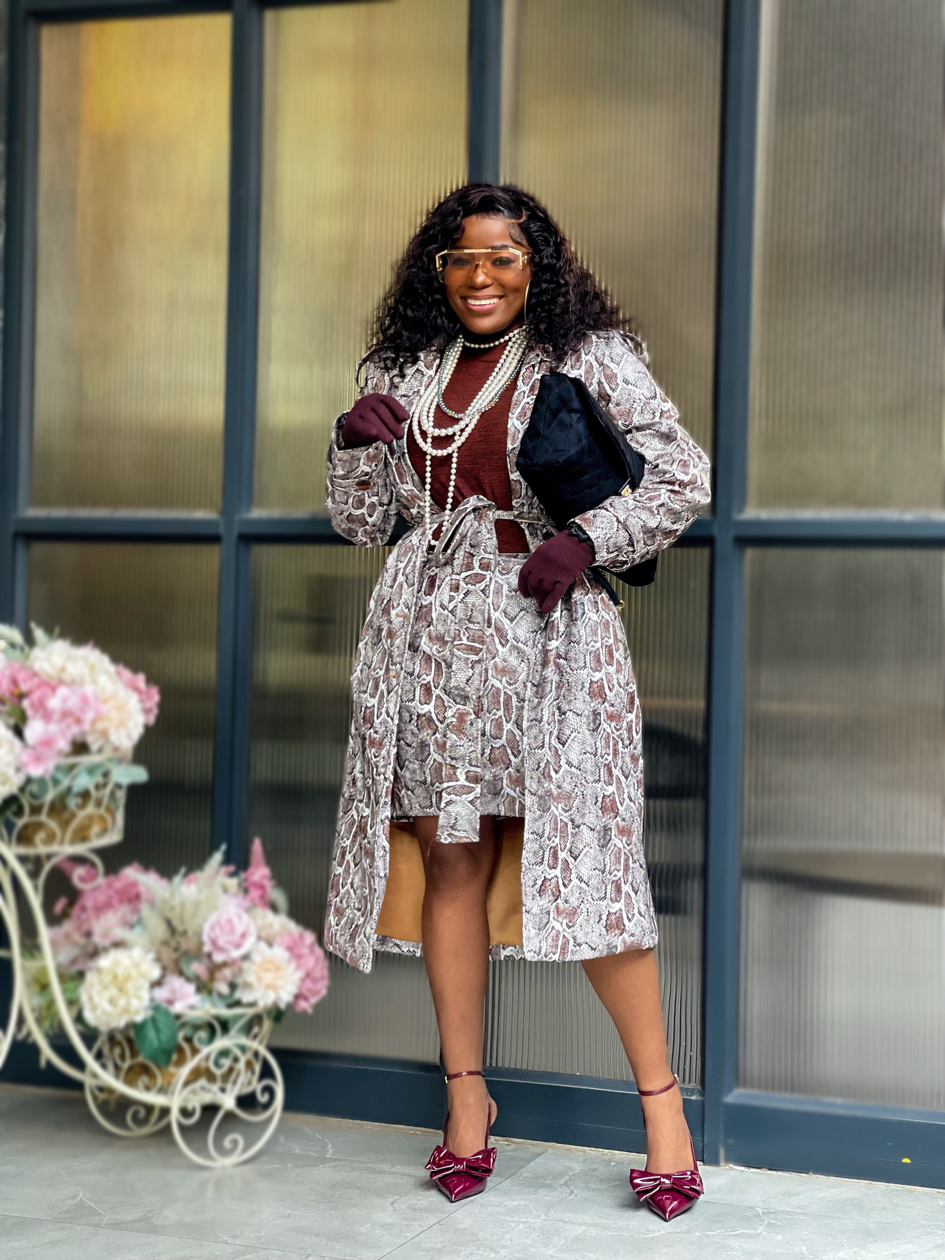 Brown Snake PU Leather Trench Coat Set