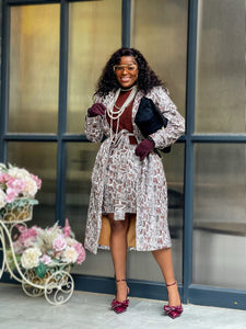 Brown Snake PU Leather Trench Coat Set