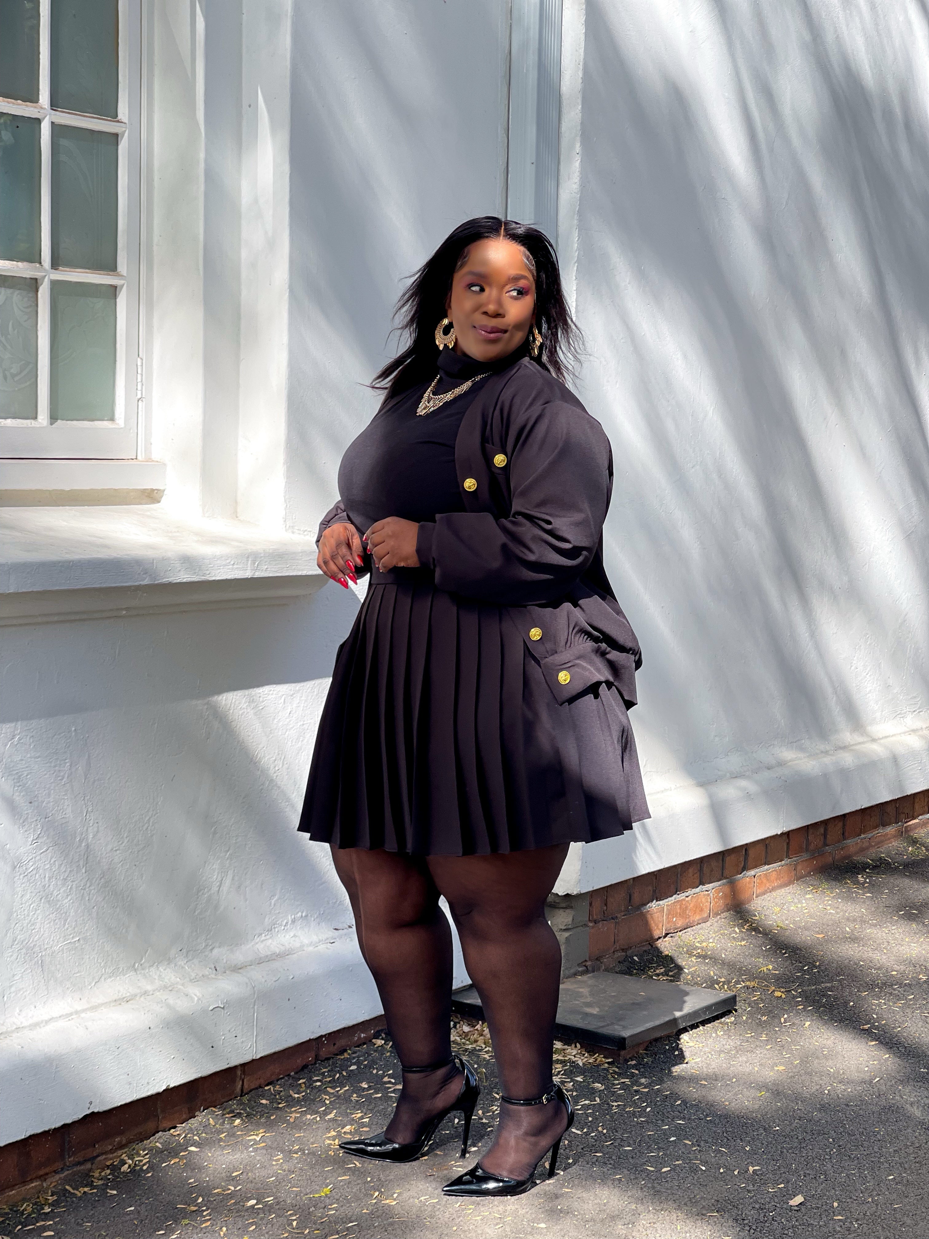 All Black Pleated Skirt Set