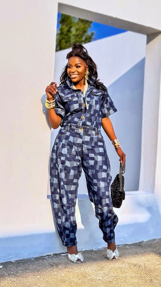 Denim Illusion Patchwork Barrel Jumpsuit