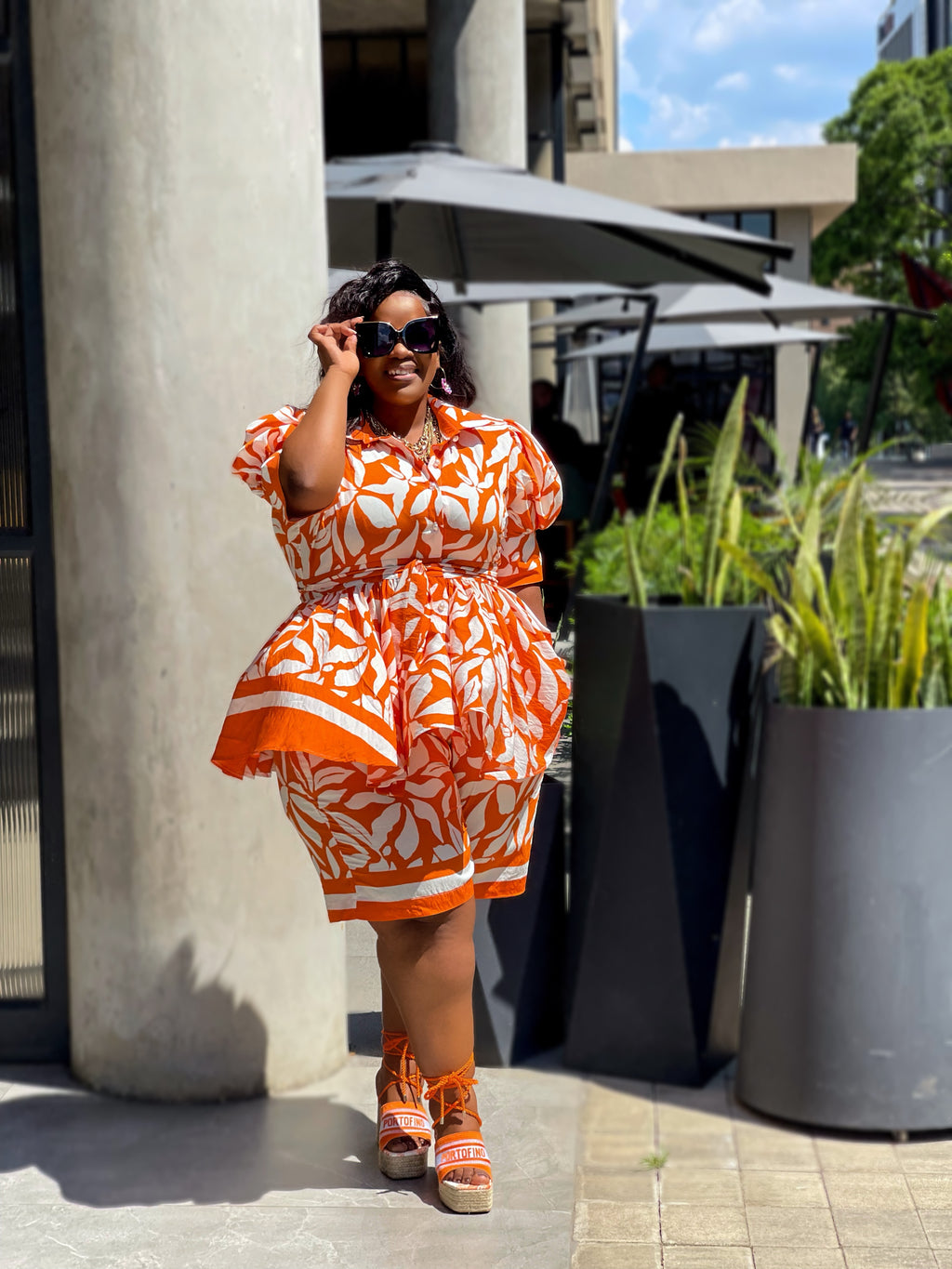 Orange & White Peplum Shorts Set