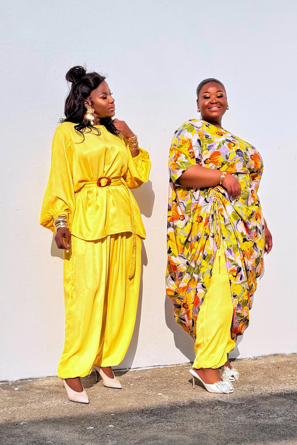 Yellow Floral Rouched Dress with Aladdin Matching Pants