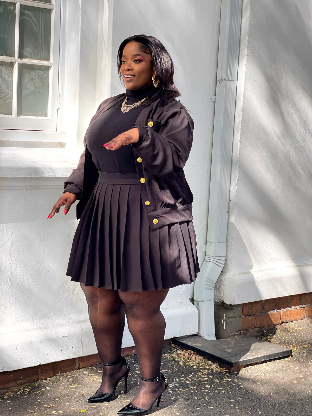 All Black Pleated Skirt Set