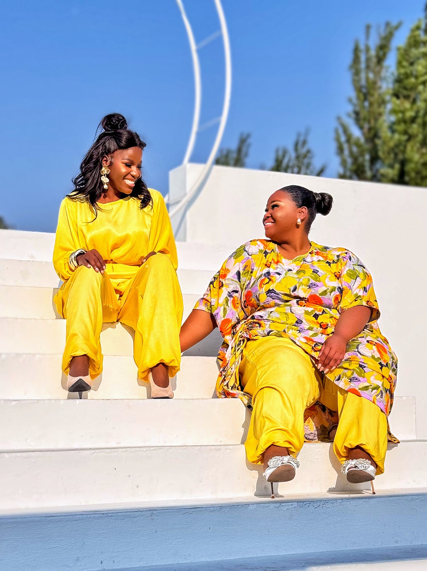 Yellow Floral Rouched Dress with Aladdin Matching Pants