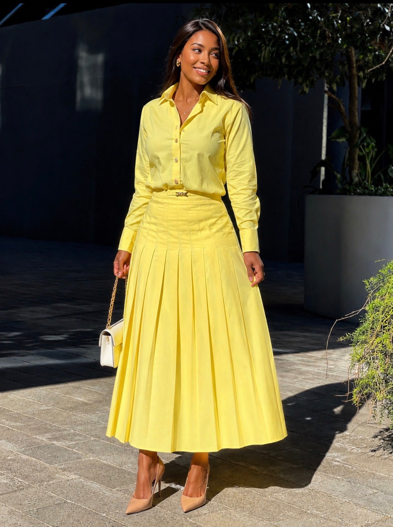 Woman’s Luxury Pleated Butter Yellow Linen Skirt Set
