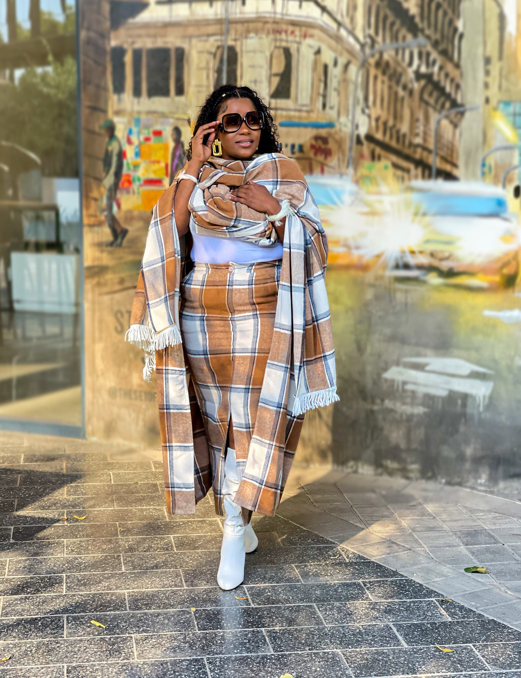 Camel Blend Check Melton Skirt & Poncho