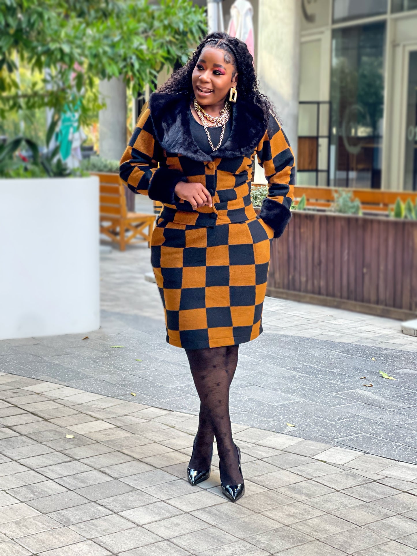 Black Fur Camel Skirt Set