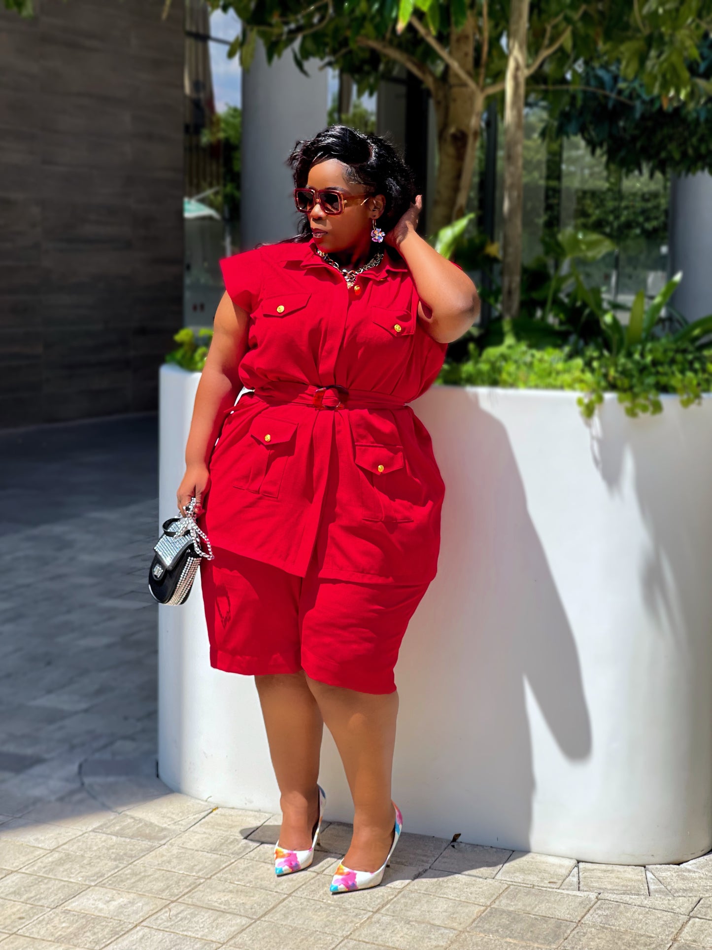 Red Knee Lenght Linen Ensemble