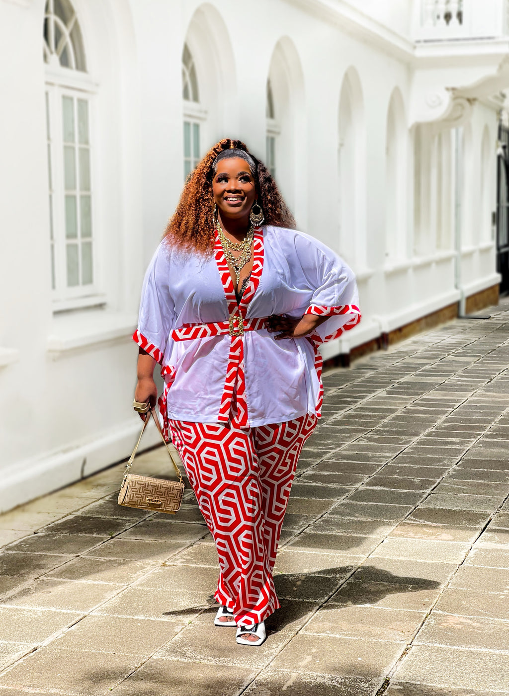 Red & White Short Kimono Set