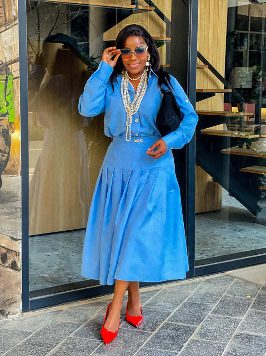 Baby Blue Linen Skirt Set