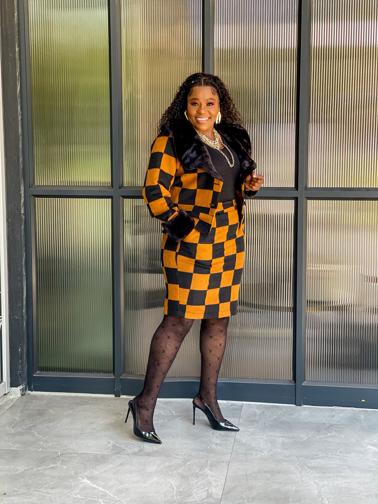 Black Fur Camel Skirt Set