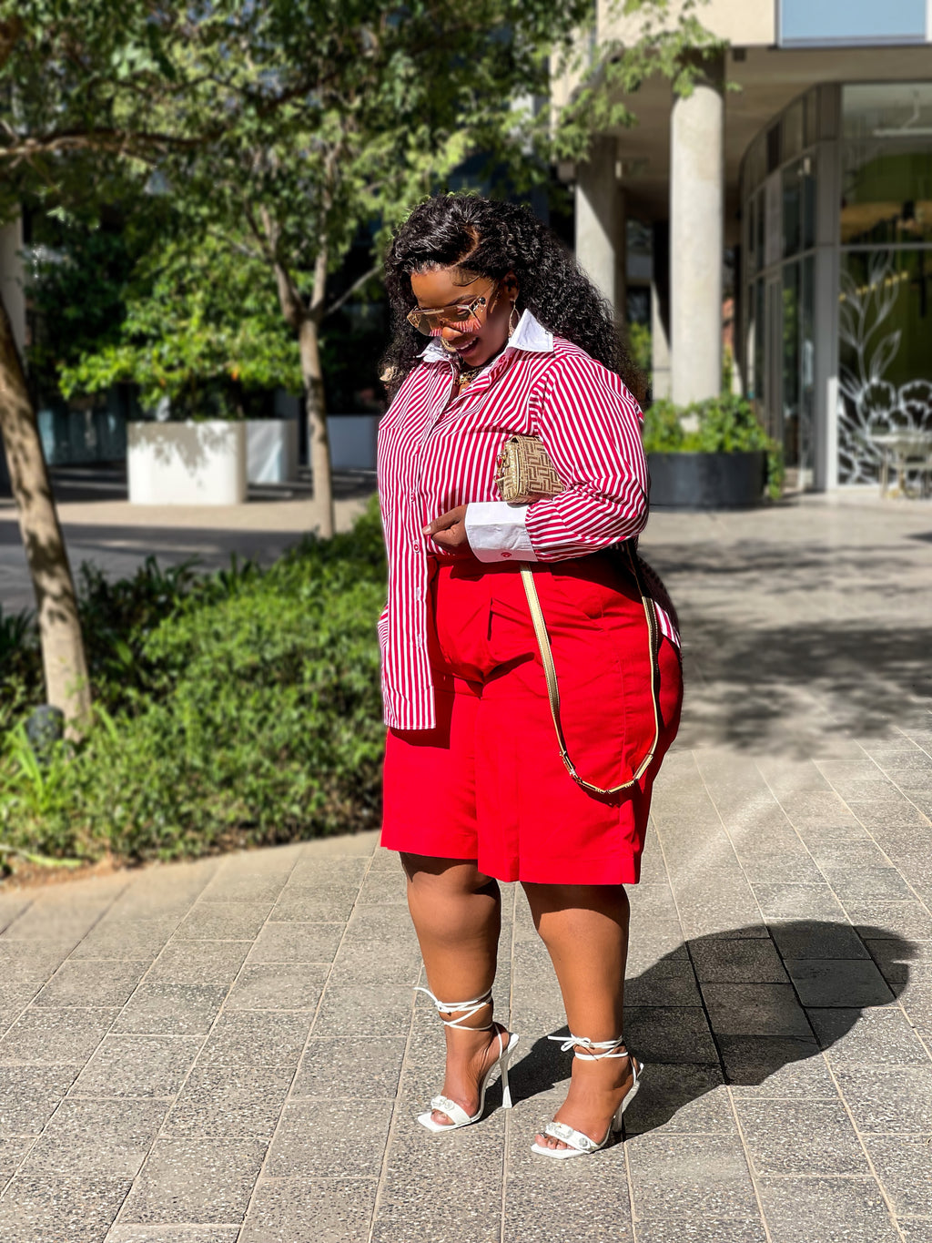 Red Bermuda with Stripe Blouse