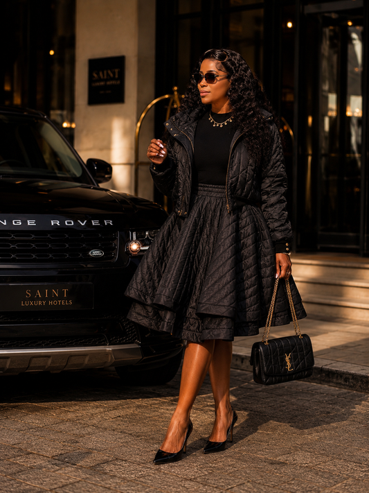 Black Bomber Jacket & Skirt Set
