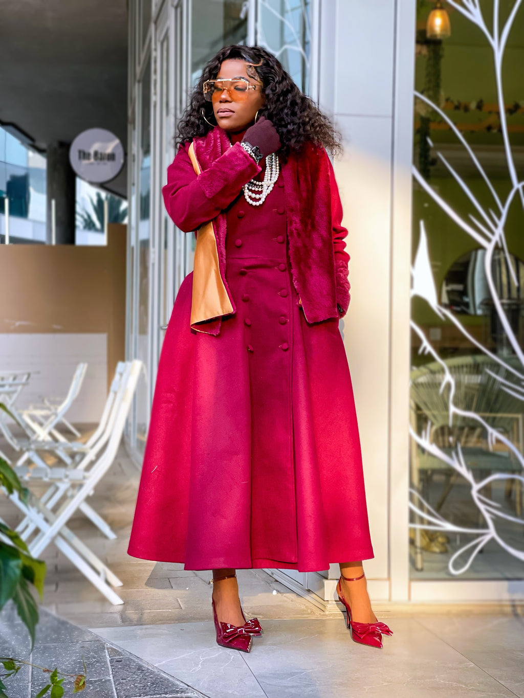 Burgundy Fur Coat Dress + Fur Shawl