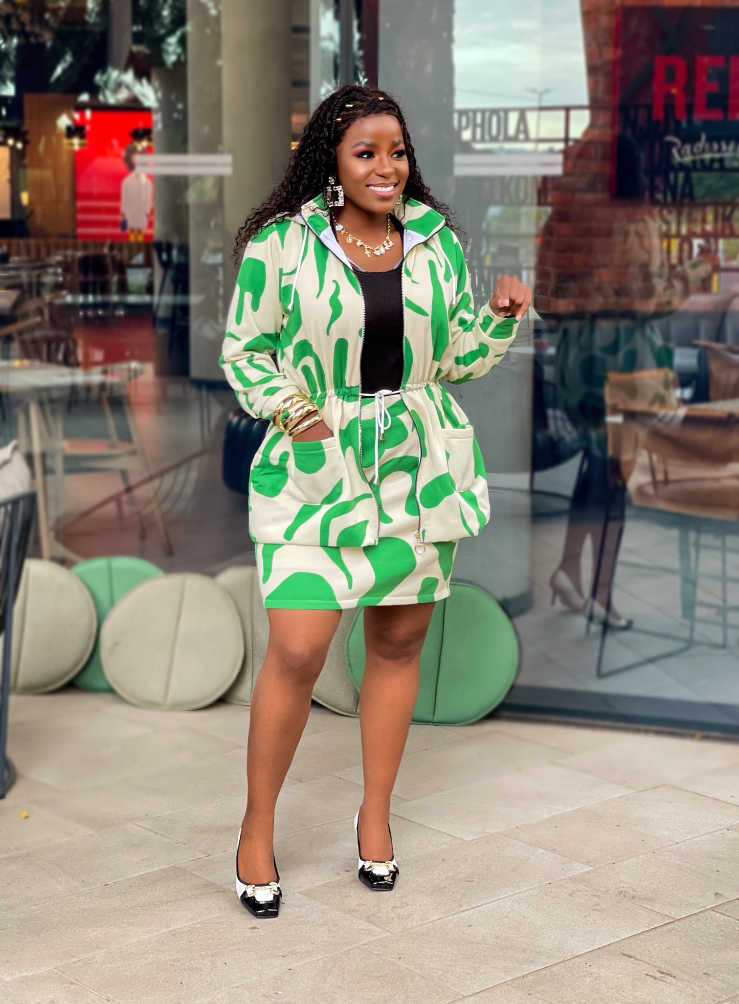 Green & Off White Winter Skirt Set