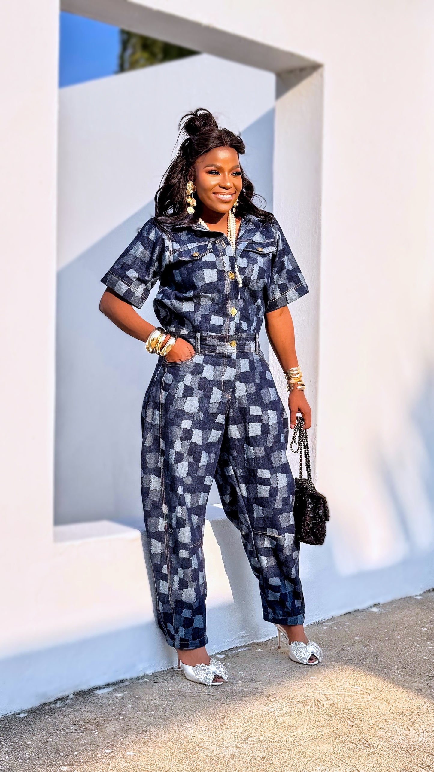 Denim Illusion Patchwork Barrel Jumpsuit