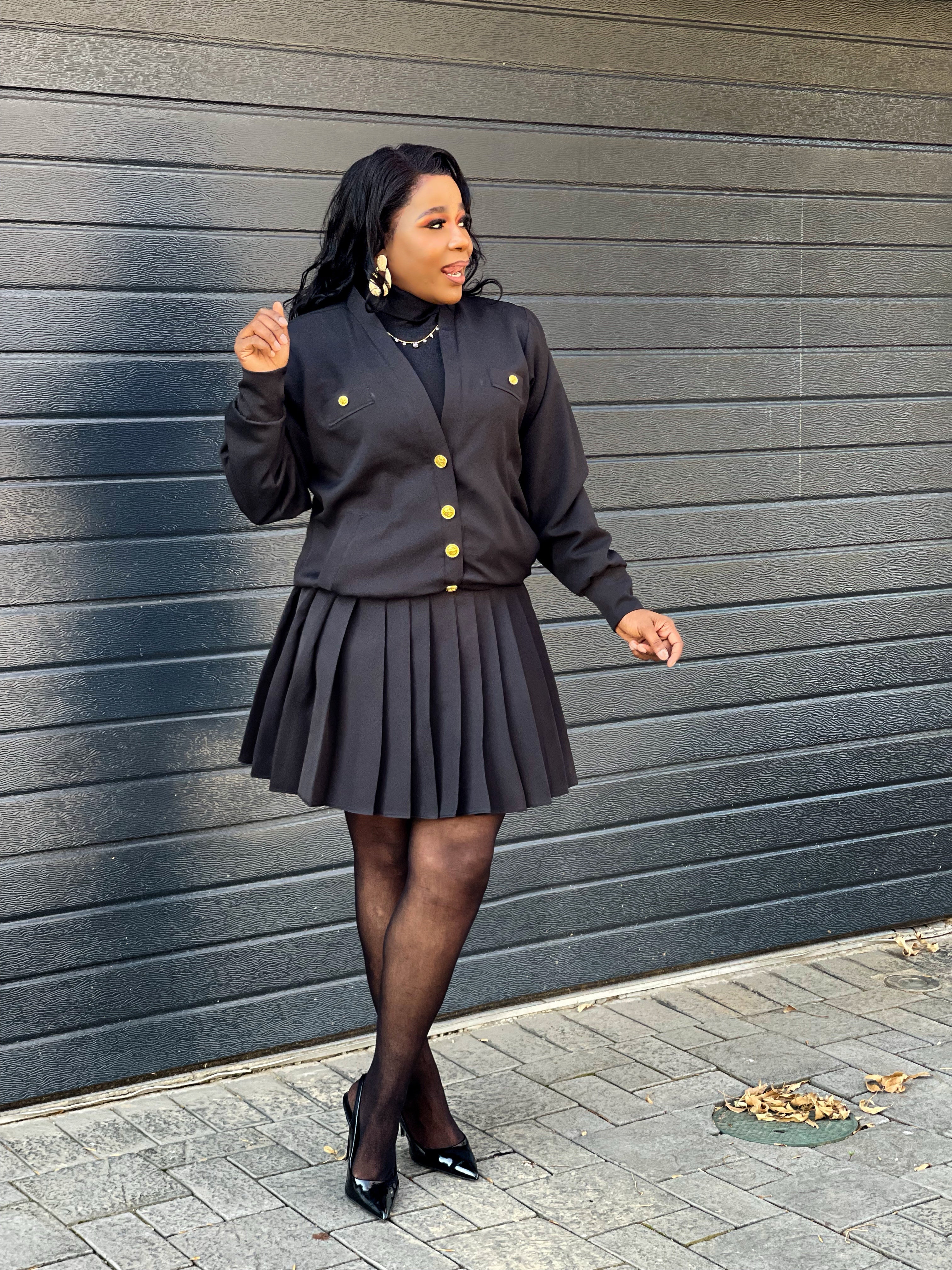 All Black Pleated Skirt Set