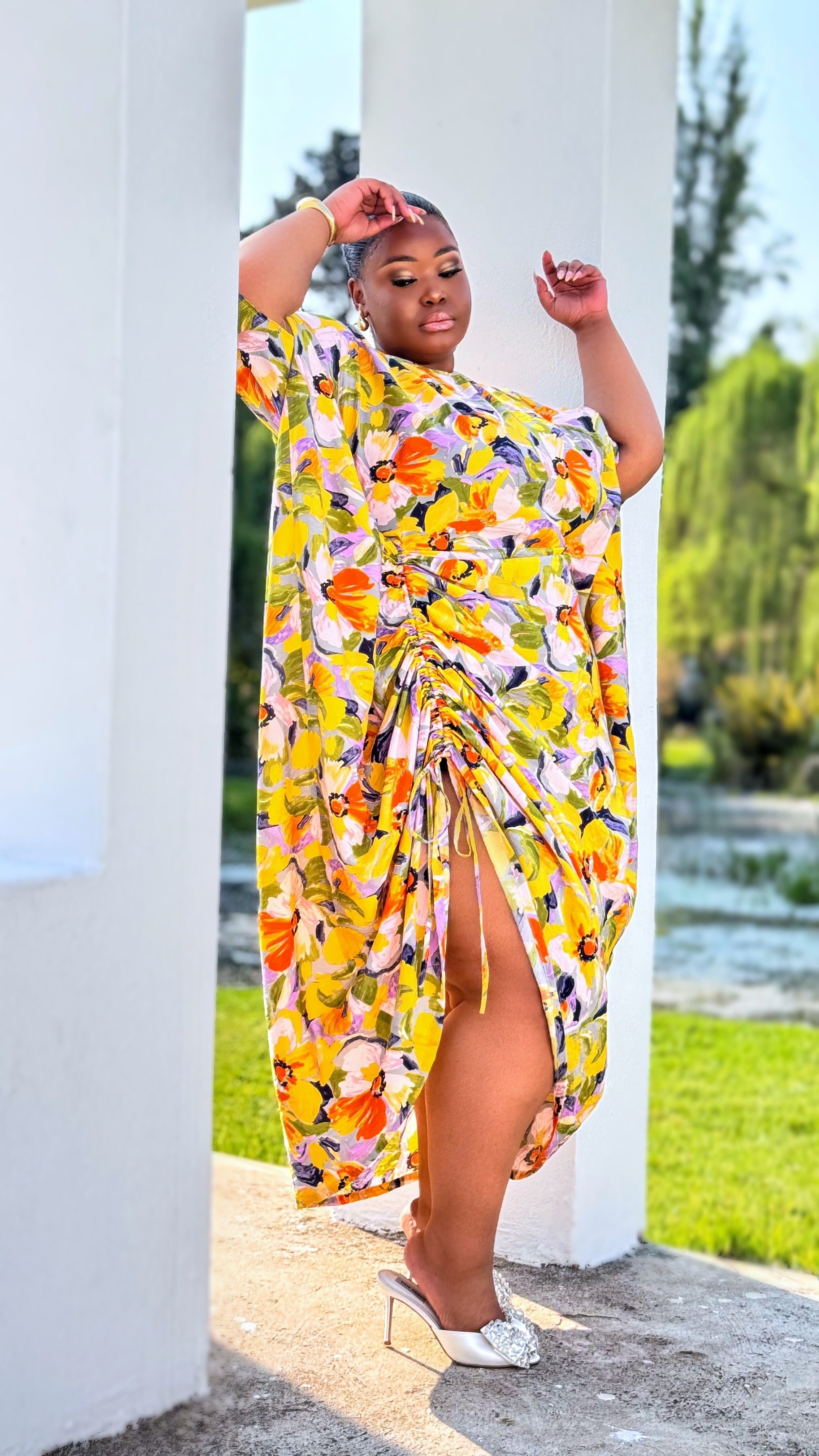 Sunlight Bloom Ruched Kimono like Dress