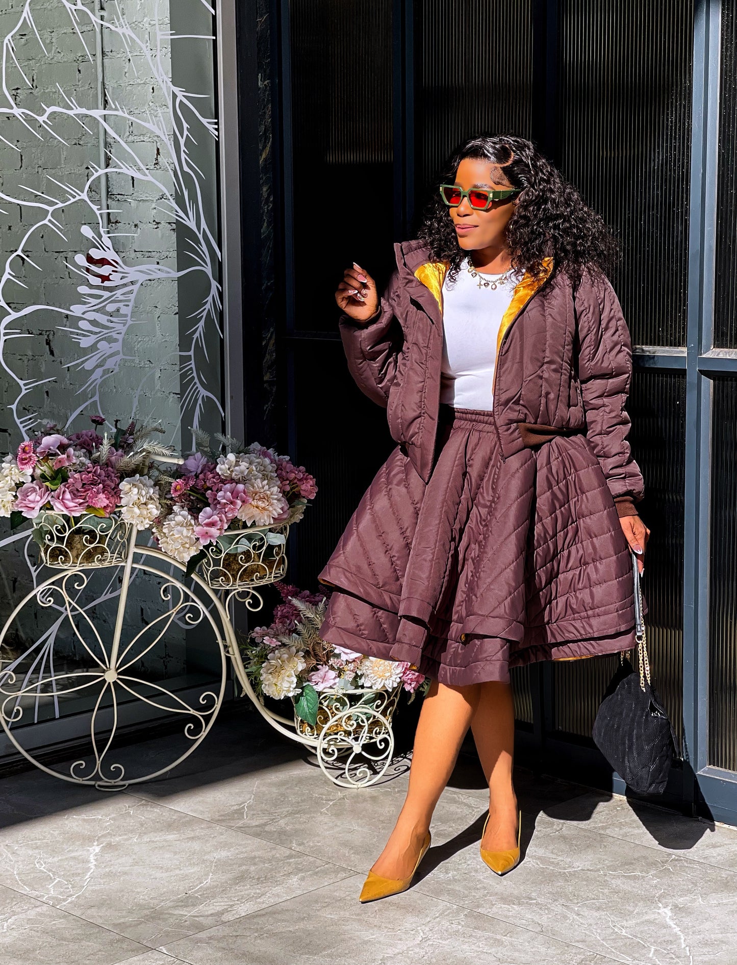 Chocolate Brown Bomber Skirt Set