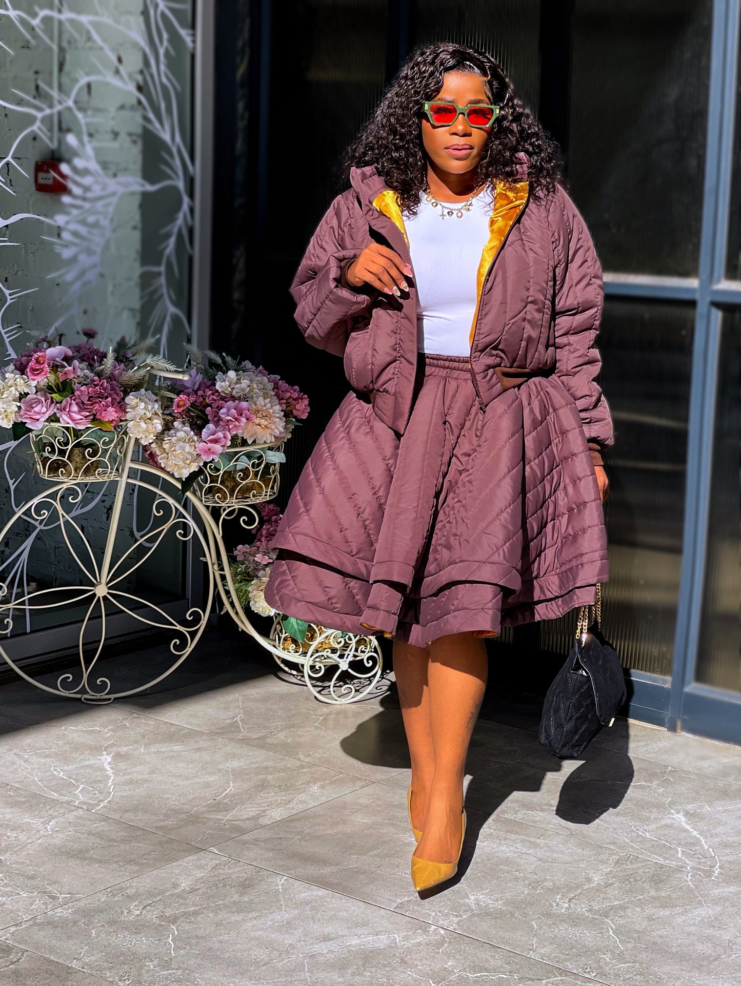 Chocolate Brown Bomber Skirt Set