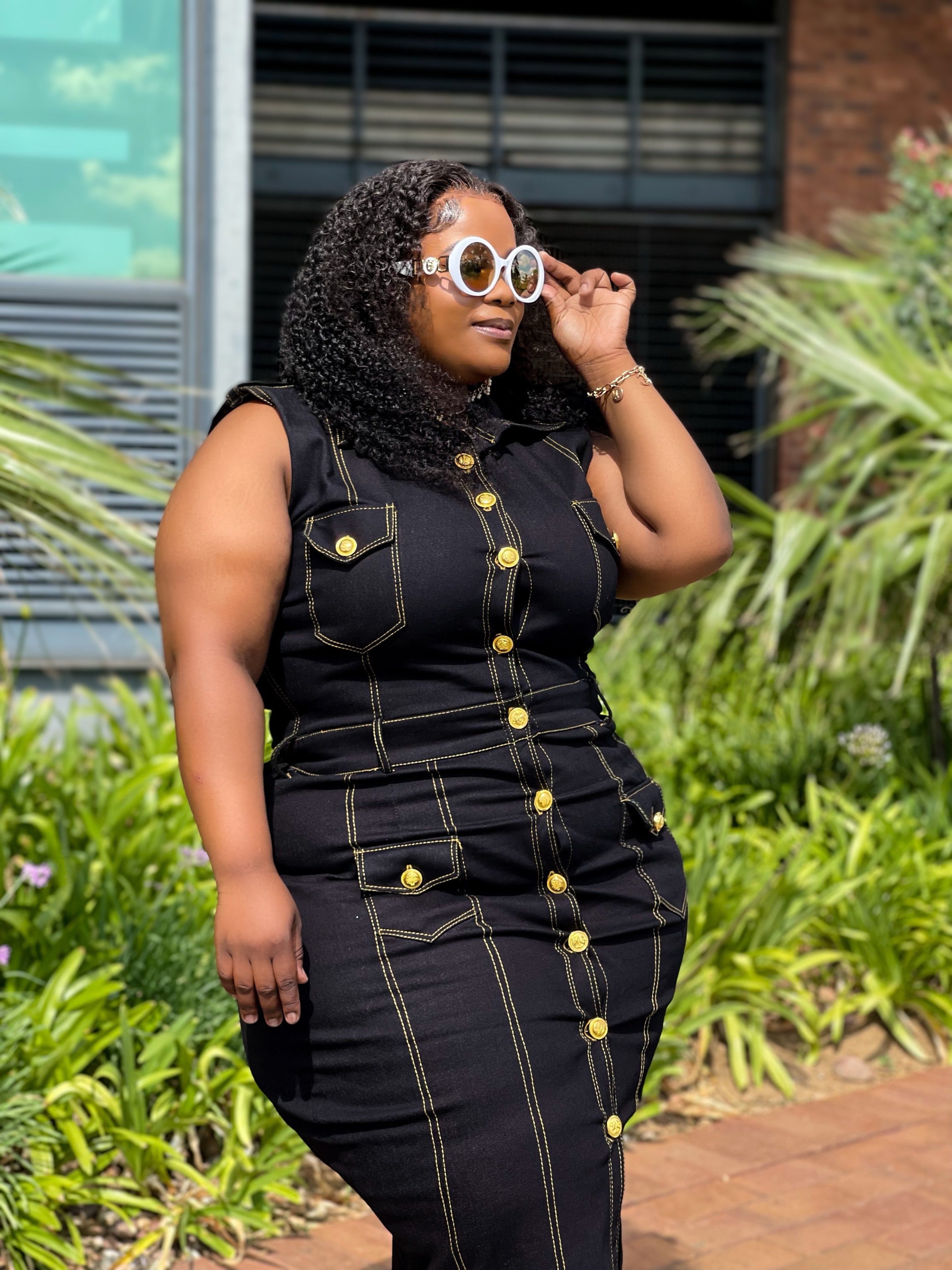 Plus size black denim pinafore clearance dress